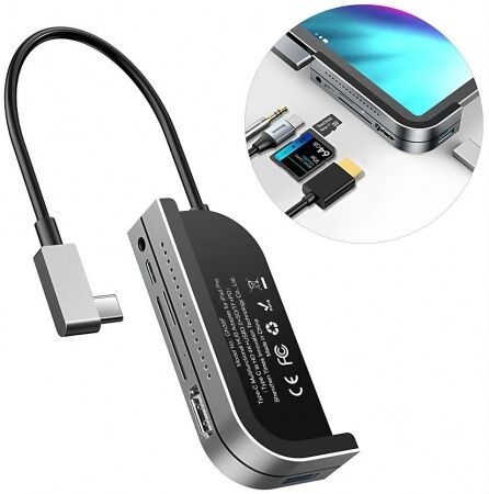 Переходник BASEUS Bend Angle, Разветвитель, USB3.0+SD+Micro SD+HDMI+Audio 3.5+Type-C PD, серебристый - 6