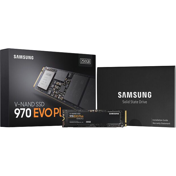 Твердотельные накопители Samsung SSD 970 EVO Plus, 250GB, M.2(22x80mm), NVMe 1.3, PCIe 3.0 x4, 3-bit MLC, R/W 3500/2300MB/s, IOPs 250 000/550 000, DR - 6