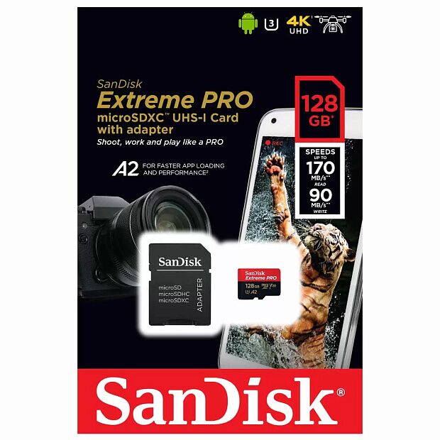 Карта памяти microSD 128GB SanDisk Class 10 UHS-I A2 C10 V30 U3 Extreme Pro (SDSQXCY-128G-GN6MA) RU - 1