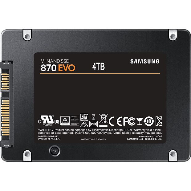 Твердотельный накопитель Samsung SSD 870 EVO, 4000GB, 2.5 7mm, SATA3, 3-bit MLC, IOPs 98 000/88 000, DRAM buffer 4096MB, TBW 2400 - 6