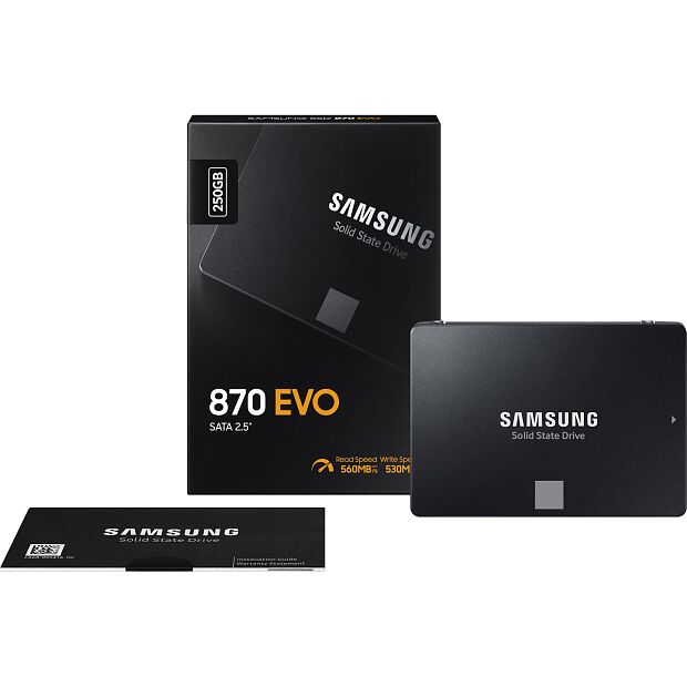 Твердотельные накопители Samsung SSD 870 EVO, 250GB, 2.5 7mm, SATA3, 3-bit MLC, R/W 560/530MB/s, IOPs 98 000/88 000, DRAM buffer 512MB, TBW 150, DWP - 7