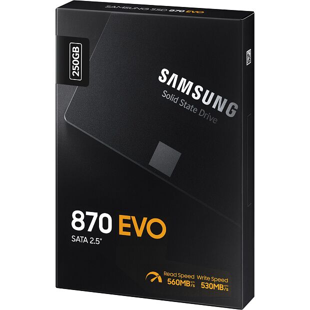 Твердотельные накопители Samsung SSD 870 EVO, 250GB, 2.5 7mm, SATA3, 3-bit MLC, R/W 560/530MB/s, IOPs 98 000/88 000, DRAM buffer 512MB, TBW 150, DWP - 1