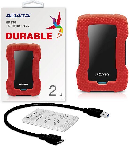 Внешний жесткий диск Portable HDD 2TB ADATA HD330 (Red), Silicone, USB 3.2 Gen1, 133x89x16mm, 190g - 1