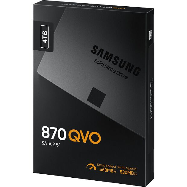 Твердотельные накопители Samsung SSD 870 QVO, 4000GB, 2.5 7mm, SATA3, 4-bit MLC, R/W 560/530MB/s, IOPs 98 000/88 000, TBW 1440, DWPD 0.33 (12 мес.) - 1