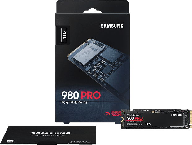 Твердотельные накопители Samsung SSD 980 PRO, 1000GB, M.2(22x80mm), NVMe 1.3c, PCIe 4.0 x4, 3-bit MLC, R/W 7000/5000MB/s, IOPs 1 000 000/1 000 000, D - 1
