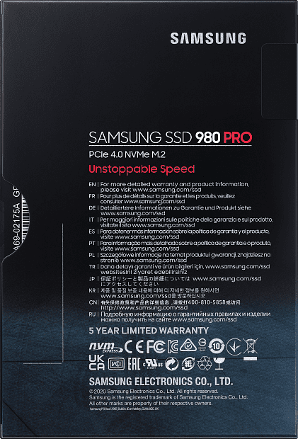 Твердотельные накопители Samsung SSD 980 PRO, 1000GB, M.2(22x80mm), NVMe 1.3c, PCIe 4.0 x4, 3-bit MLC, R/W 7000/5000MB/s, IOPs 1 000 000/1 000 000, D - 8